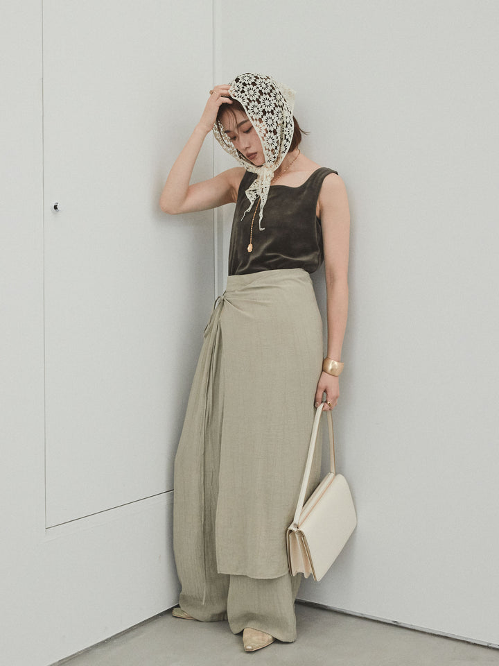 [SET]スクエアベロアタンクトップ+ワッシャーサテンレイヤードスカートパンツ(2set)