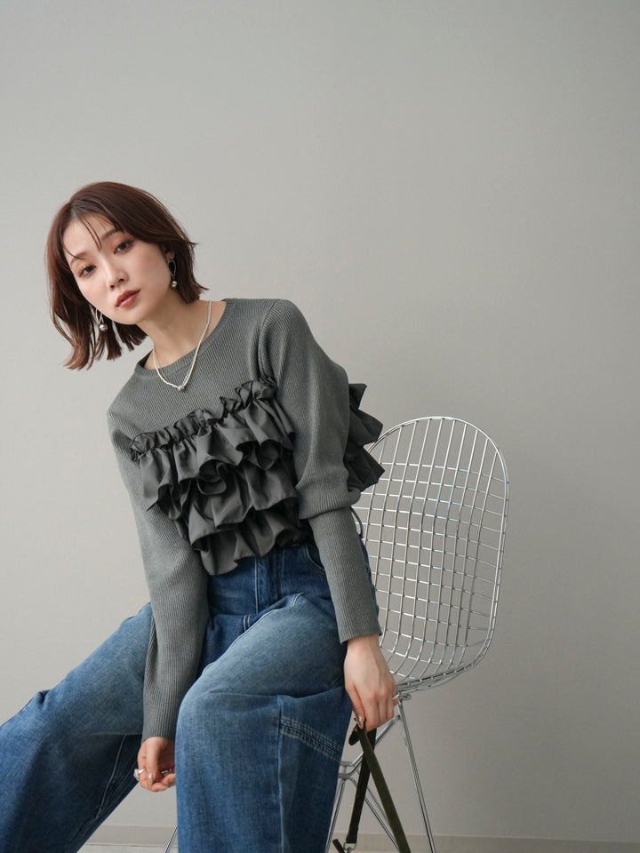 [予約]フリルビスチェドッキングスポンジニットプルオーバー/gray