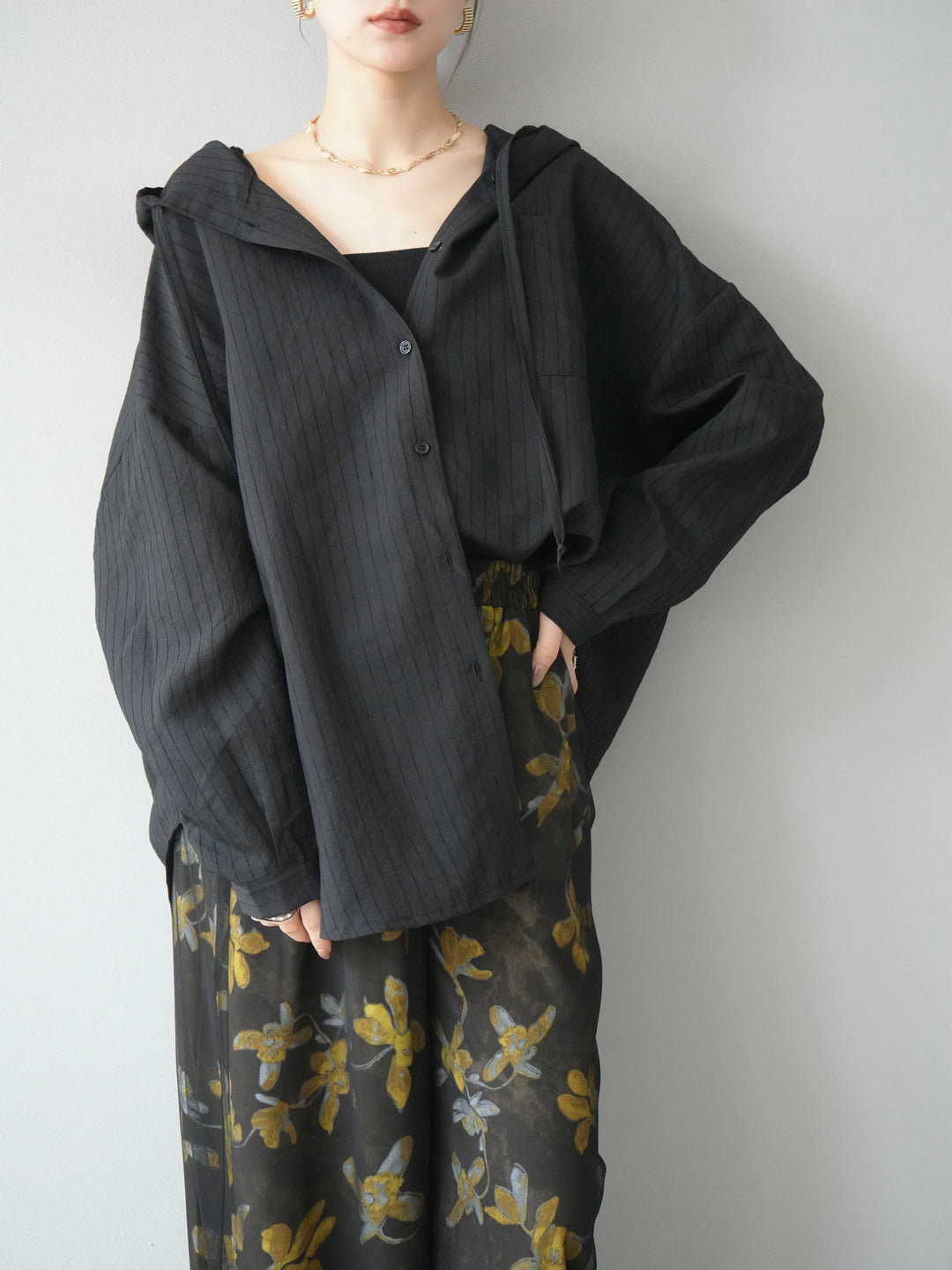 [予約]ワッシャーストライプフーディーシャツ/ブラック