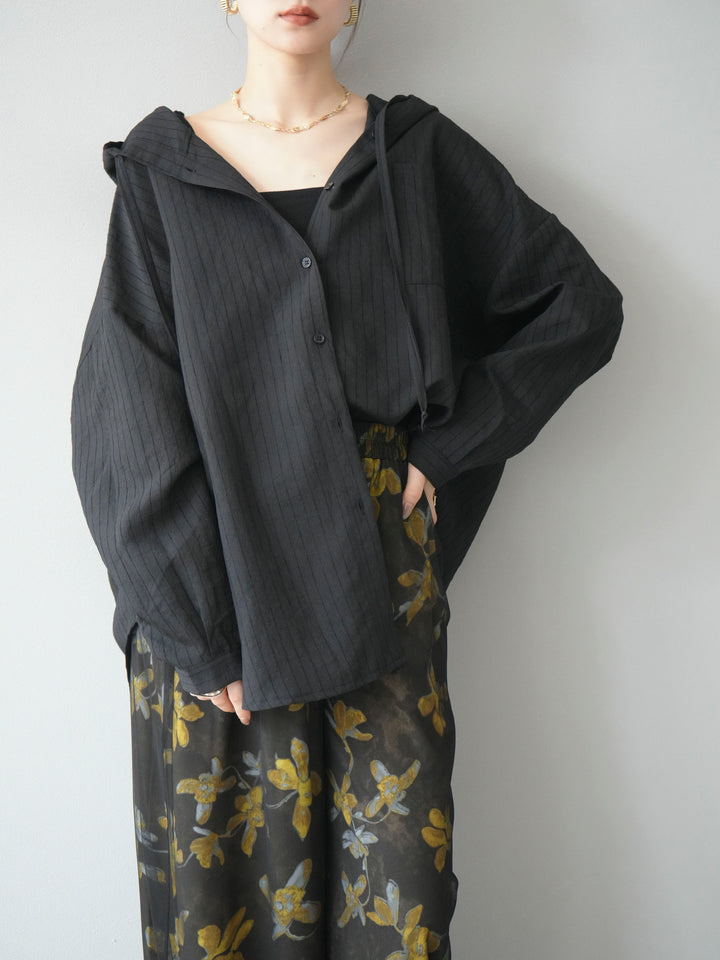 [予約]ワッシャーストライプフーディーシャツ/ブラック