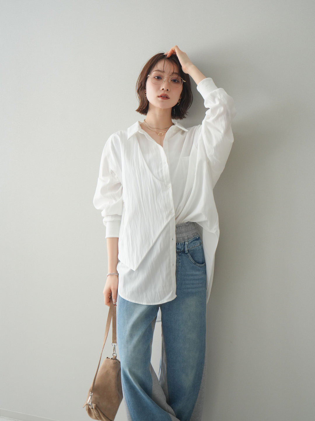 [予約]リブカフスアシンメトリーZIPデザインオーバーシャツ/offwhite