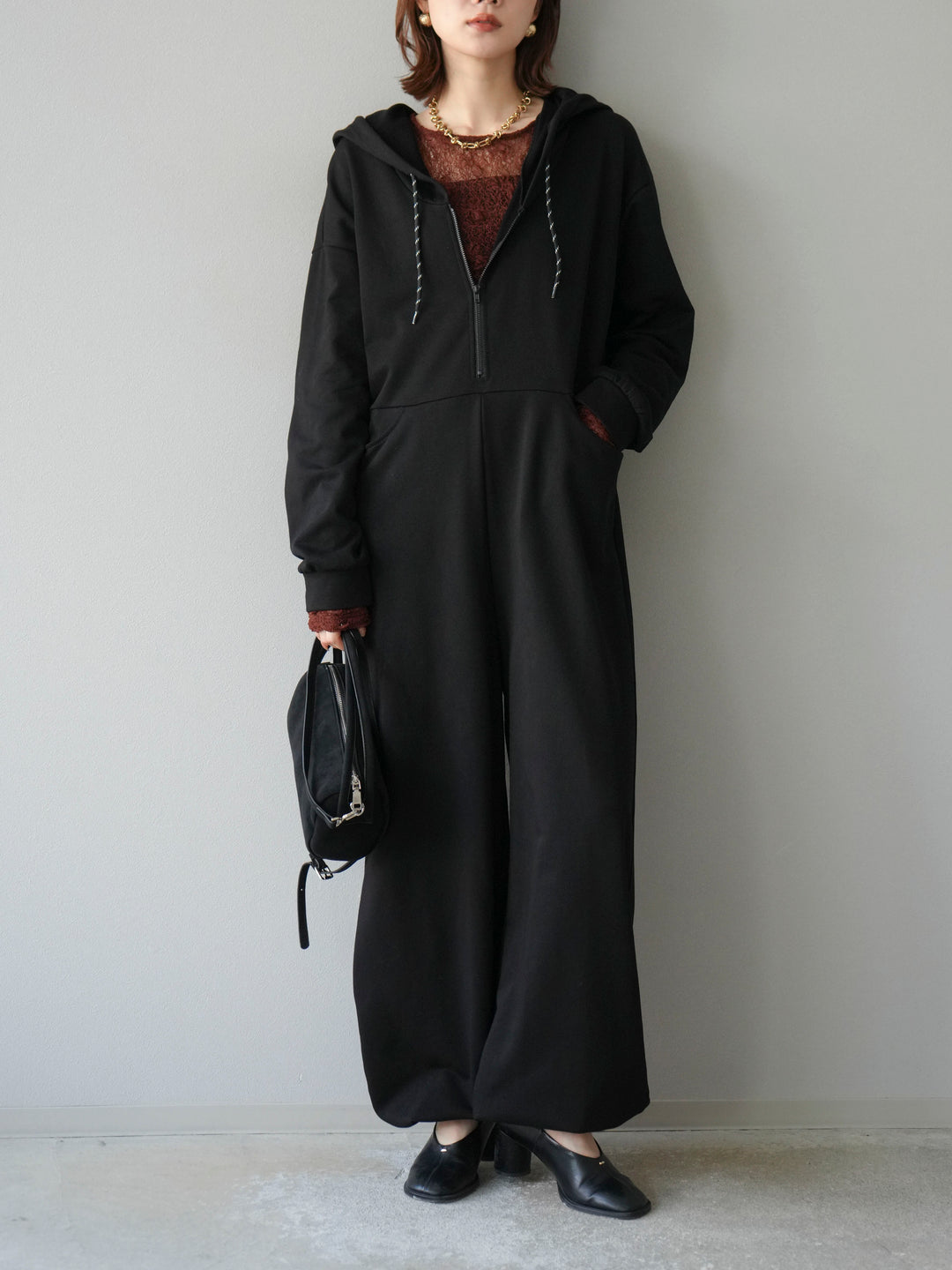 [予約]ミニ裏毛フーディージャンプスーツ/ブラック
