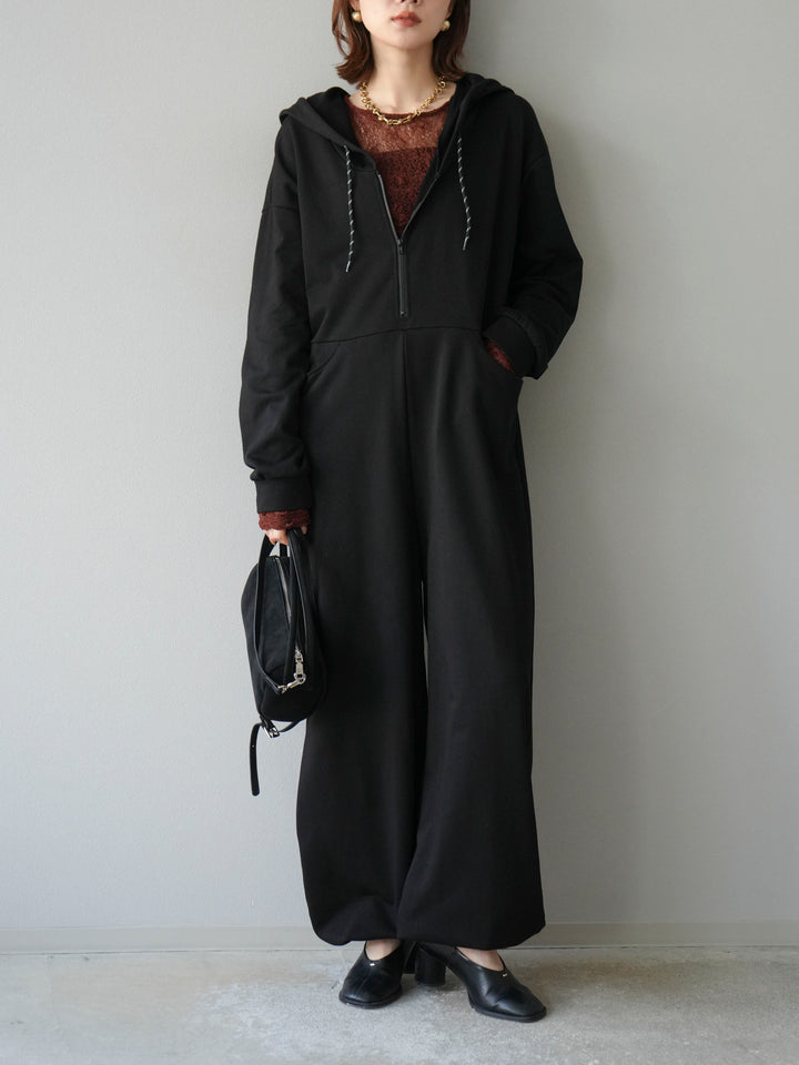 [予約]ミニ裏毛フーディージャンプスーツ/ブラック