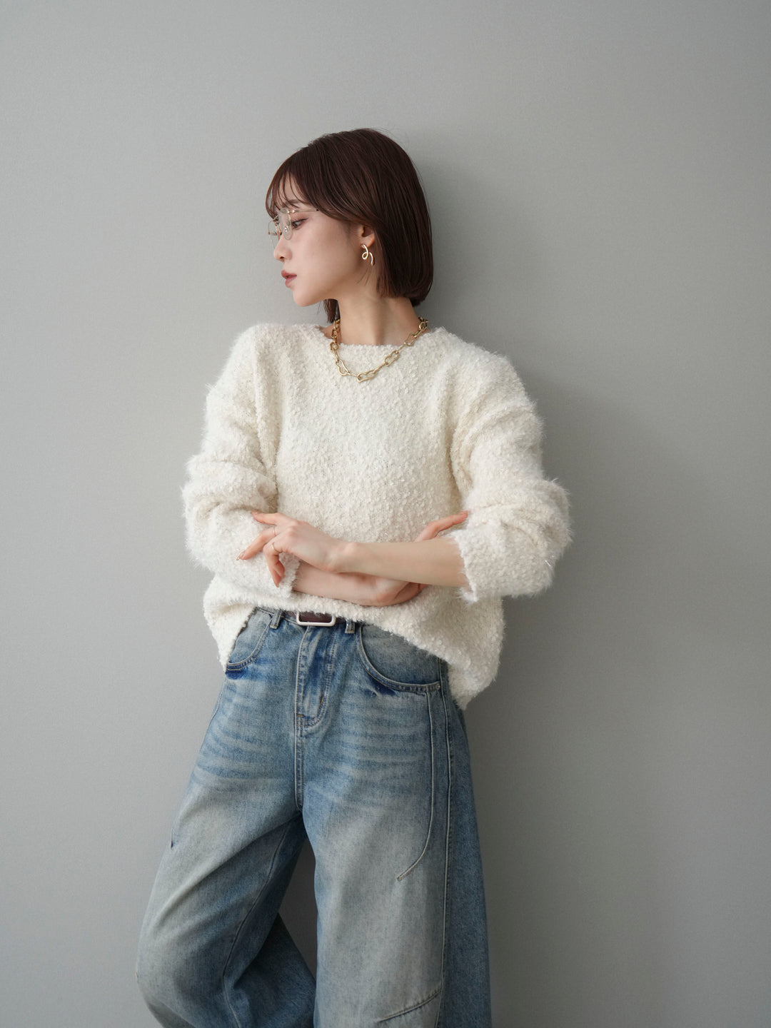 [SET]モールラメミックスヤーンニットプルオーバー+ベルト付カーブデニムパンツ(2set)