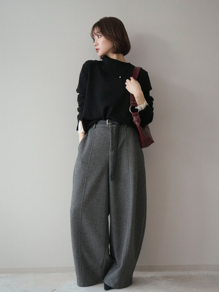 [SET]袖レースパール付き配色ニットトップス+ウールタッチカーブパンツ(2set)