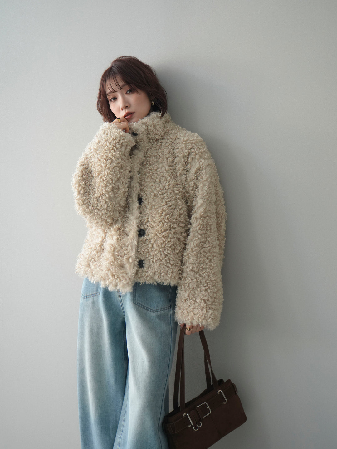 [SET]プードルファーミドルスタンドブルゾン+チュールレーストップス+ベルト付裏起毛カーブデニムパンツ(3set)