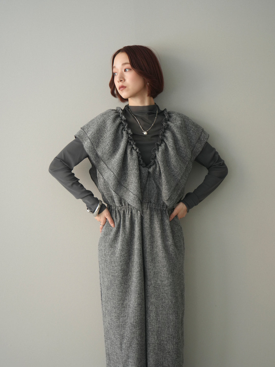 [SET]3WAYミックスツイードギャザーオールインワン+シアープチネックストレッチトップス(2set)