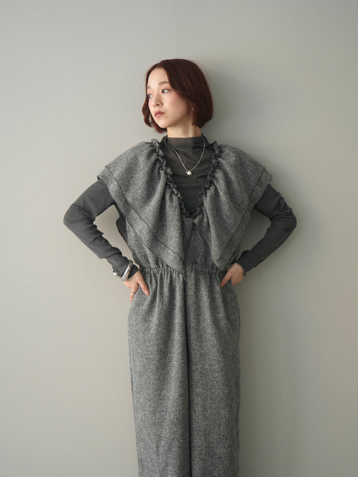 [SET]3WAYミックスツイードギャザーオールインワン+シアープチネックストレッチトップス(2set)