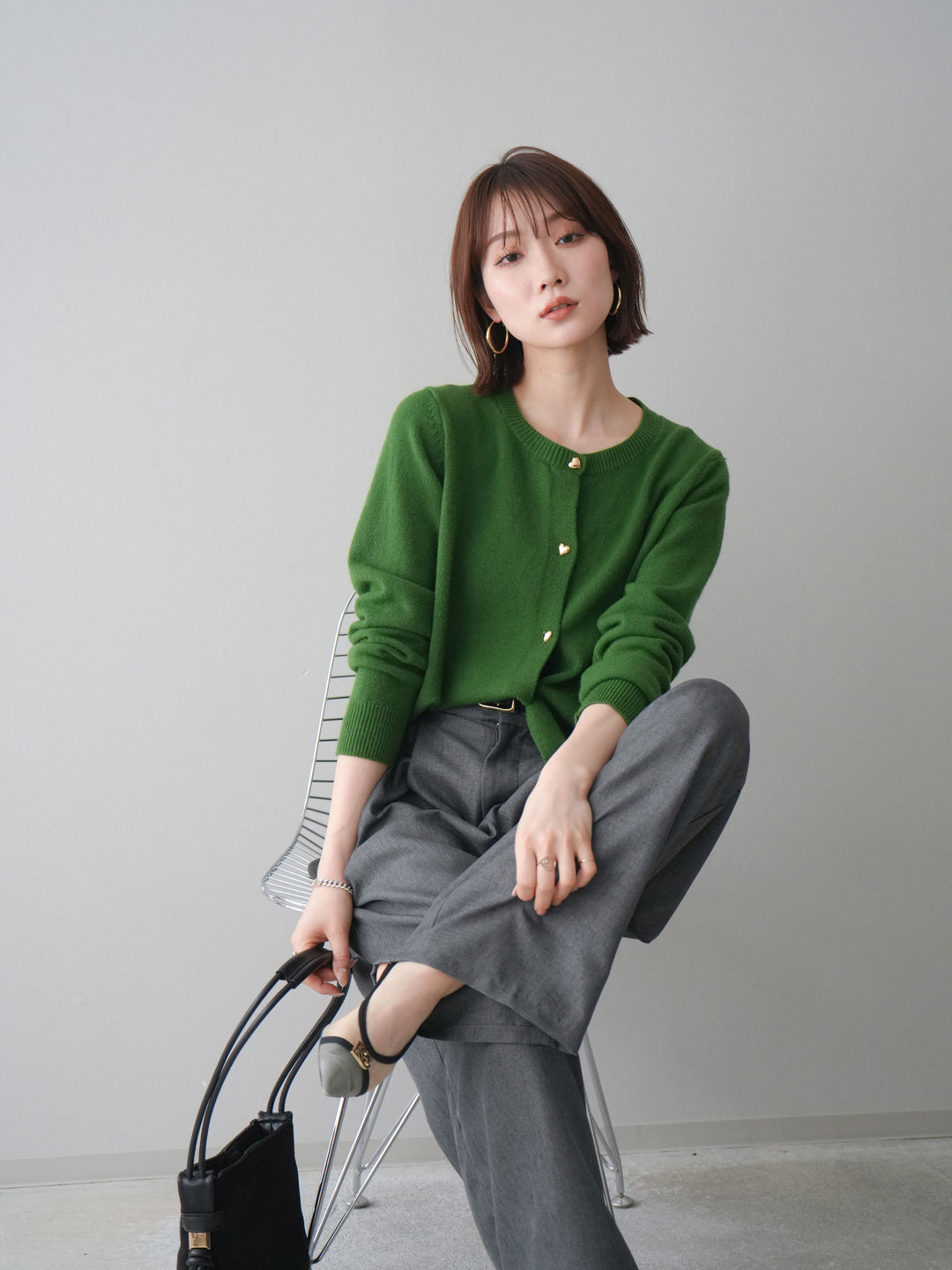 [予約]ハートボタンニットカーディガン/green