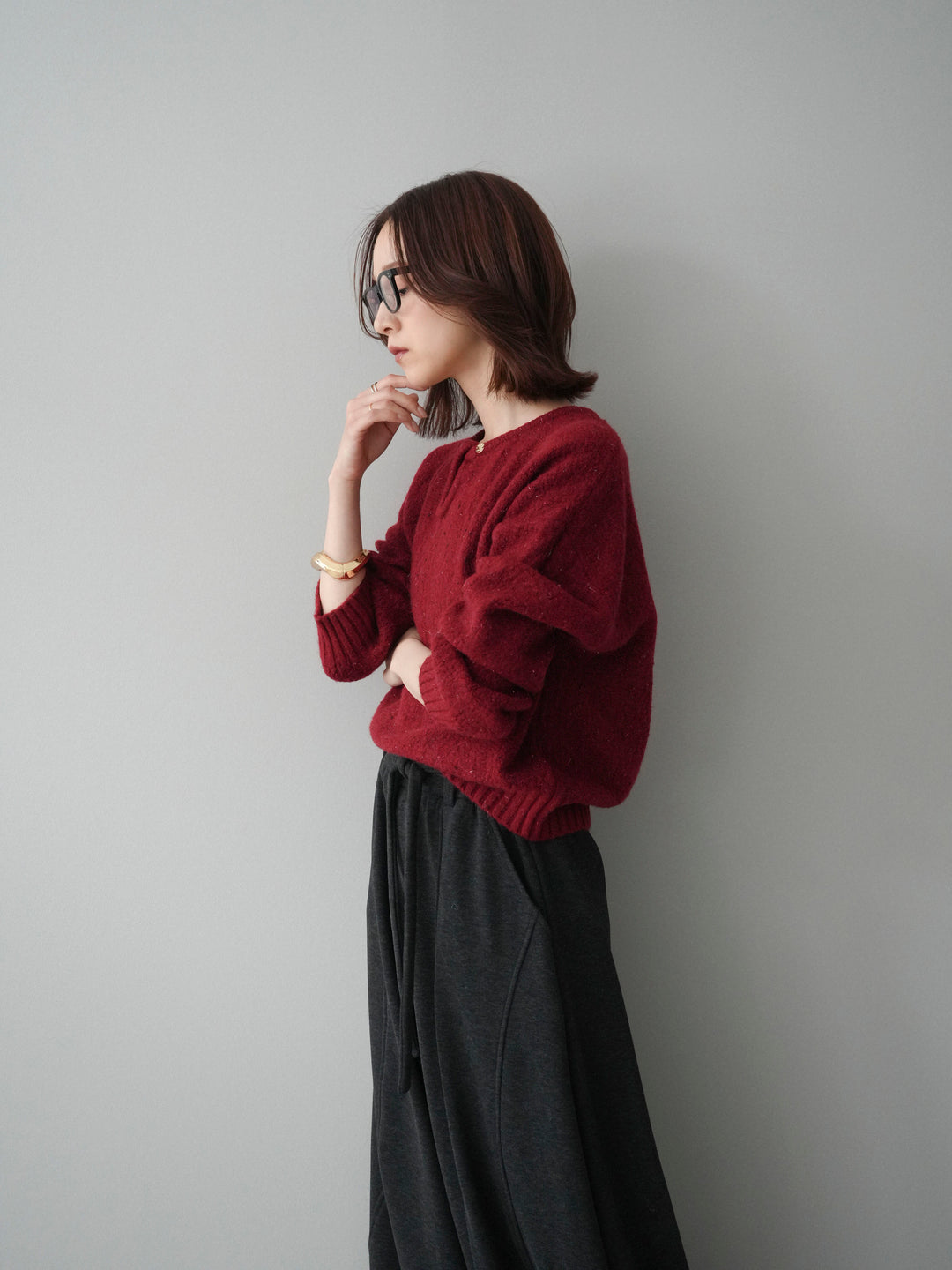 [予約]ツイストネックラメネップヤーンニットプルオーバー/red