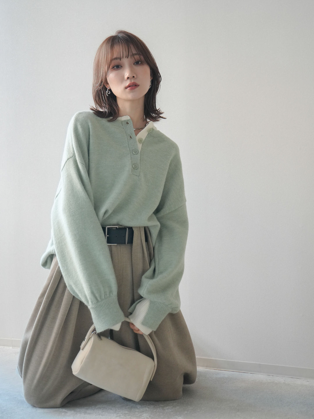 [予約]ヘンリーネック配色レイヤードニットプルオーバー/mint