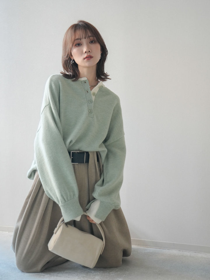 [予約]ヘンリーネック配色レイヤードニットプルオーバー/mint