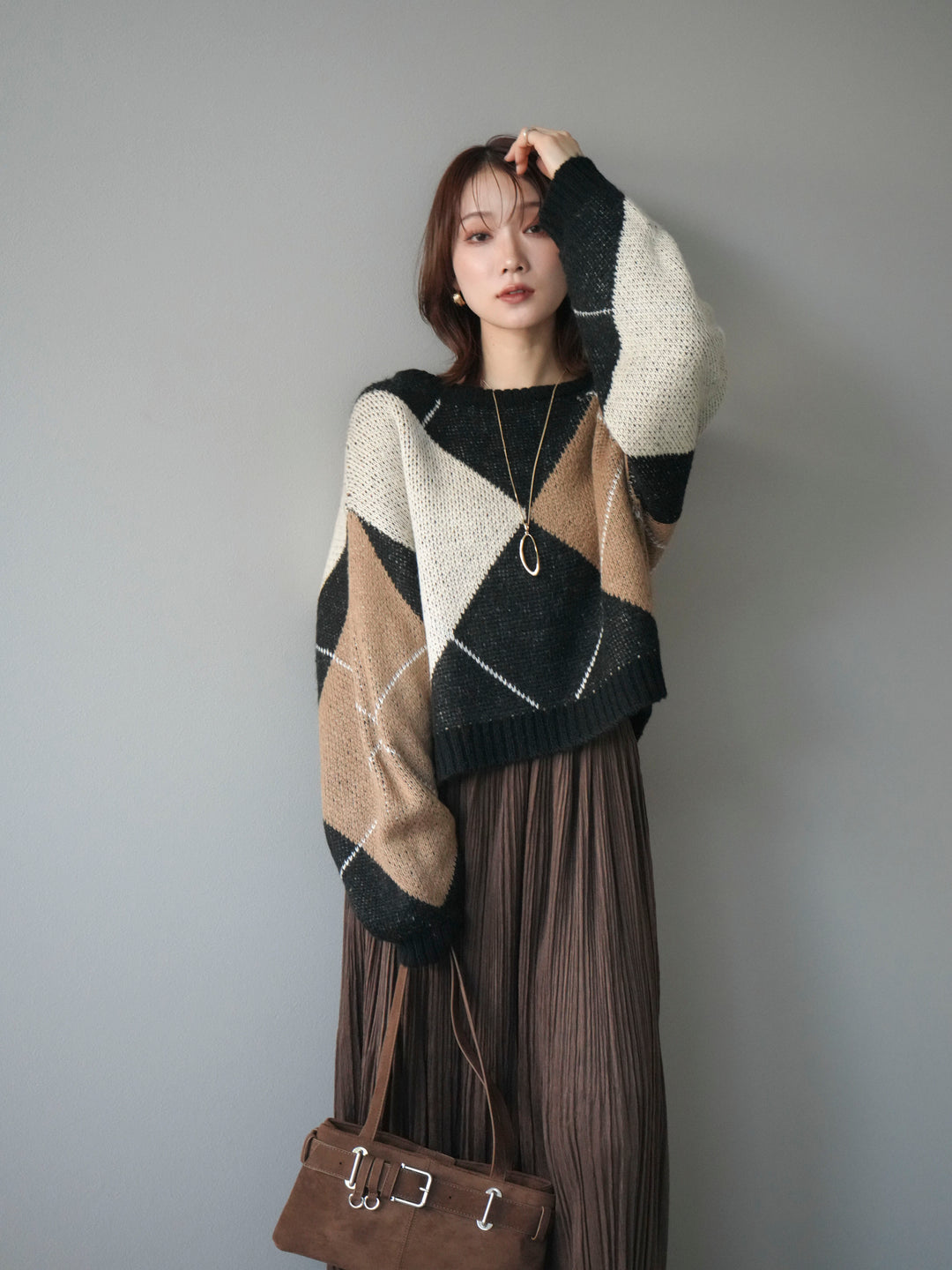 [SET]配色ステッチアーガイル柄ニットプルオーバー+配色ステッチアーガイル柄ニットプルオーバー(2set)