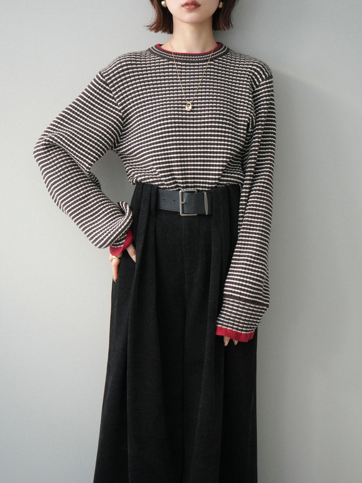 [SET]ラメ異素材ボーダーリブニットプルオーバー+ベルトデザインループコールテンワイドパンツ(ベルト付き)(2set)