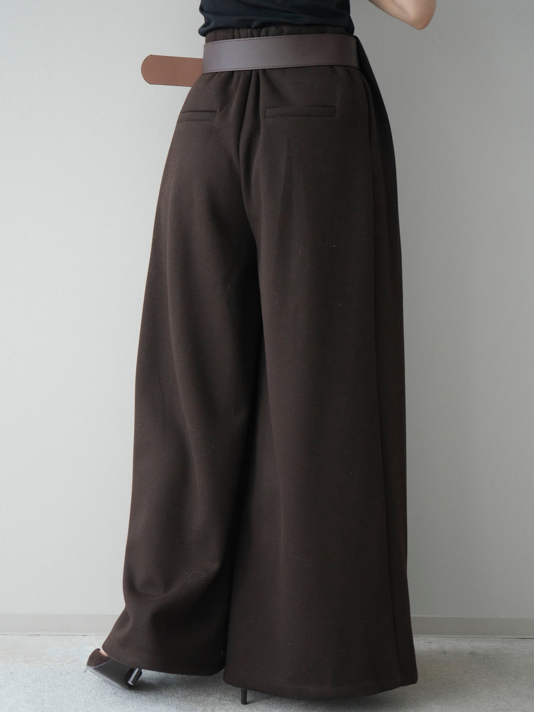 [予約]ベルトデザインループウールワイドパンツ(ベルト付)/brown