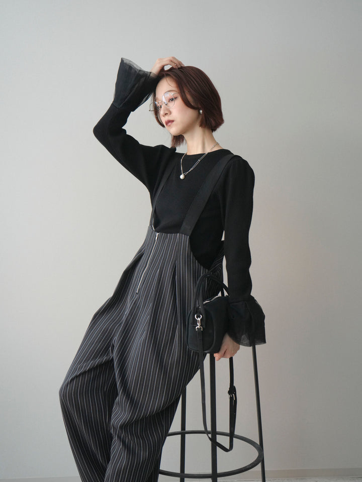 [SET]袖チュールパワショルリブニットトップス+グログランテープストライプサロペット(2set)