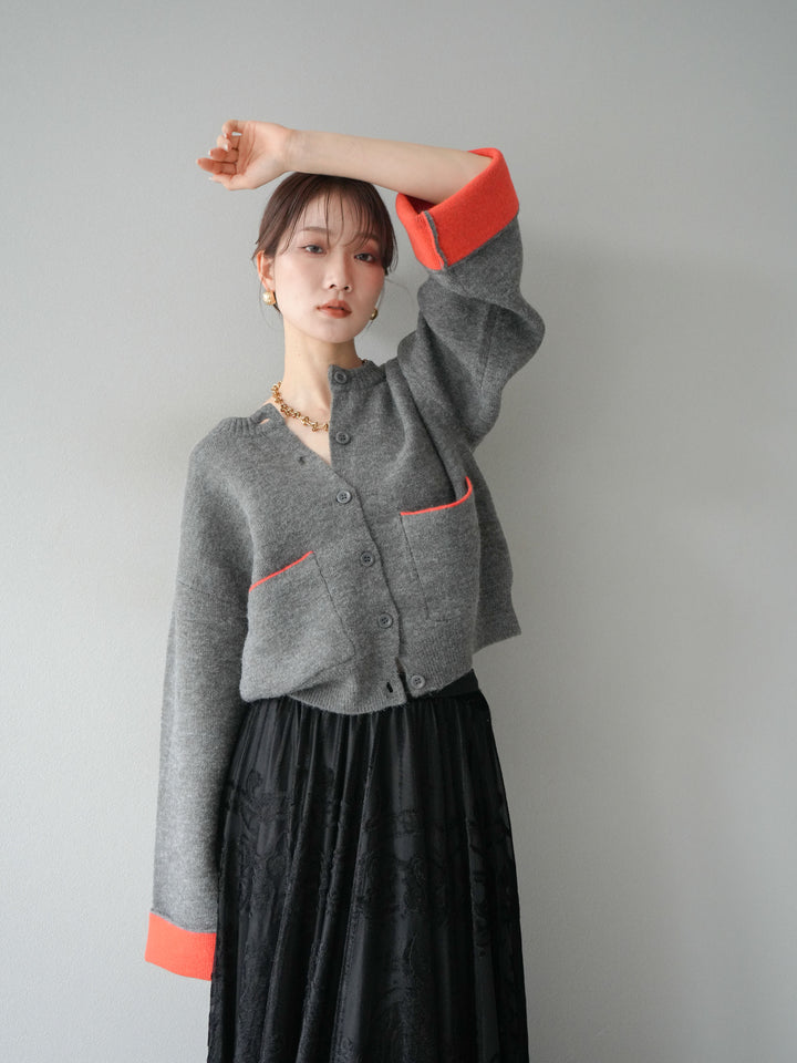 [SET]バイカラーオーバーニットカーディガン+アンティーク柄フロッキーマキシスカート(2set)