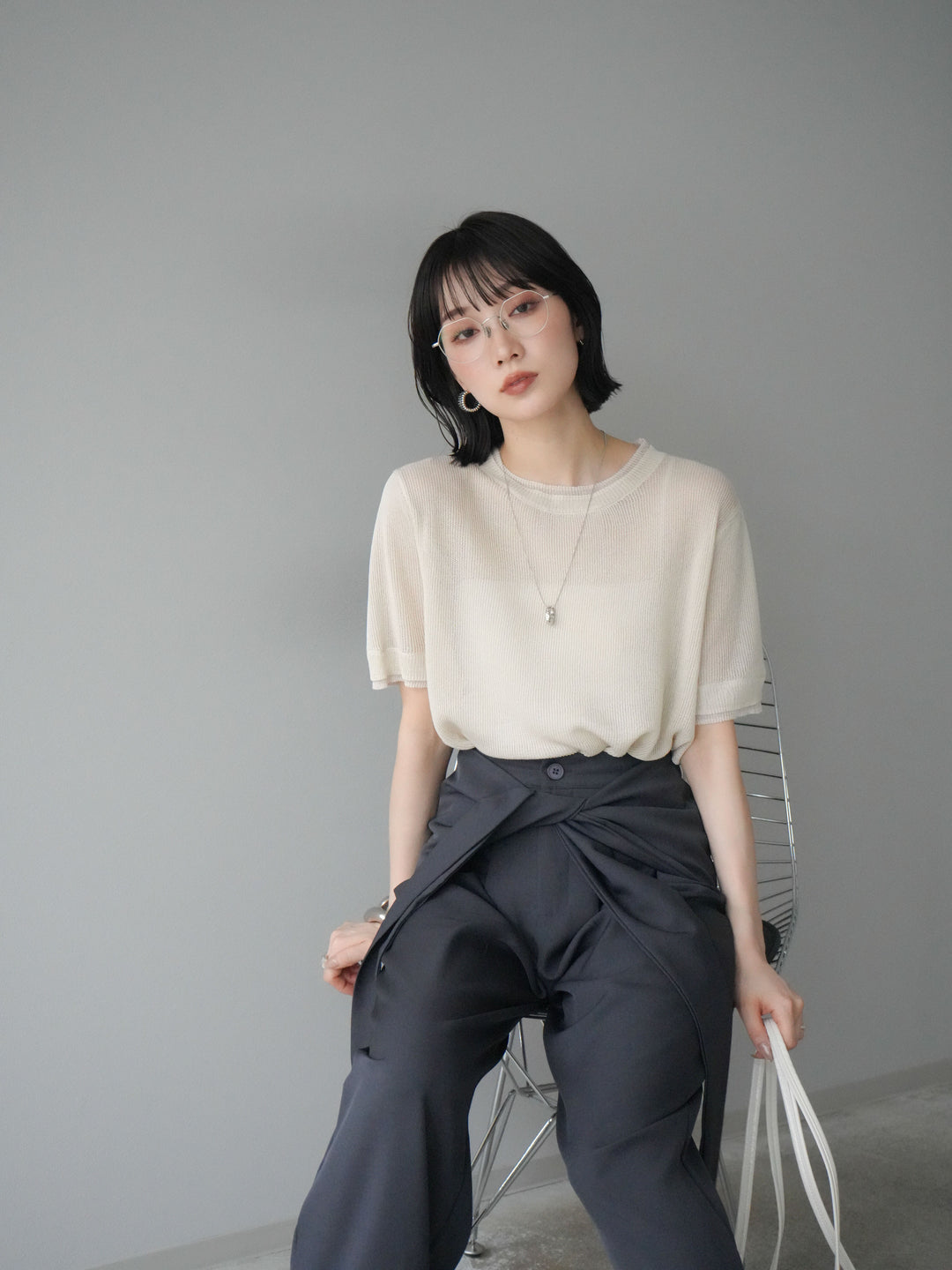 [SET]リネンタッチ配色二重臼ハーフニットトップス+ウエスト巻きデザインワイドパンツ(2set)