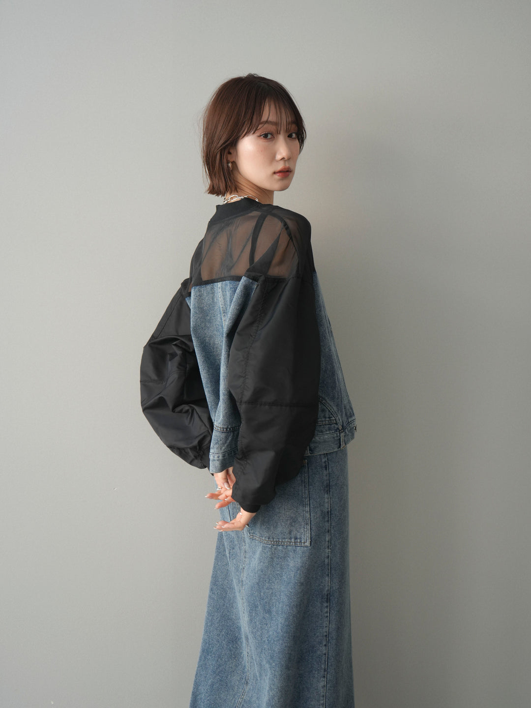 [SET]異素材デニムブルゾン+フロントジップデニムスカート(2set)