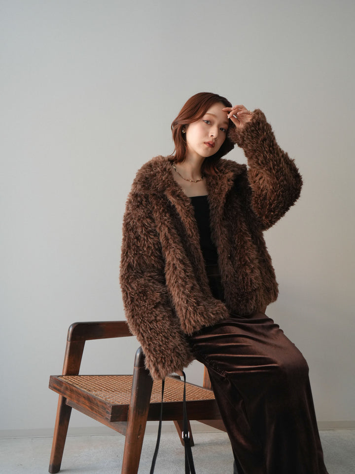 [SET]フェイクファー襟付きショートブルゾン+ギャザーベロアスカート(2set)