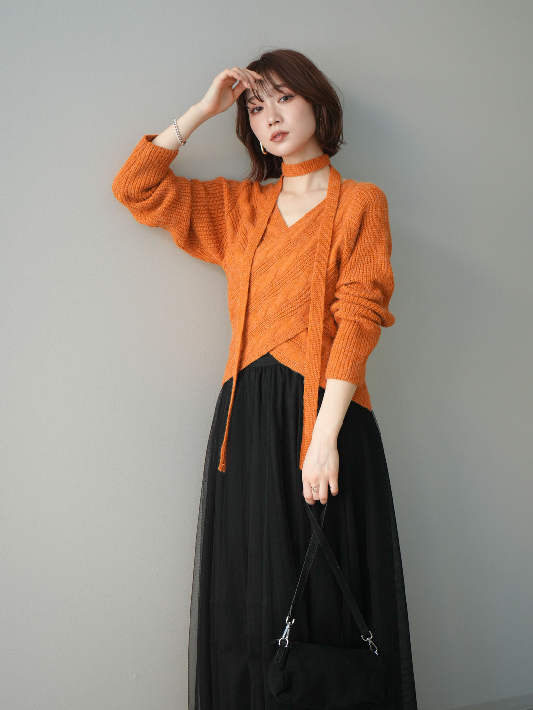 [SET]ケーブル編みクロスニットトップス+チュールボリュームスカート(2set)