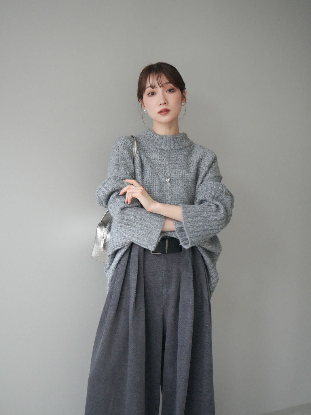 [SET]編み地切替ボトルネックニットプルオーバー+ベルトデザインループコールテンワイドパンツ(ベルト付き)(2set)