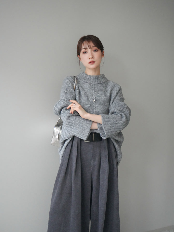 [SET]編み地切替ボトルネックニットプルオーバー+ベルトデザインループコールテンワイドパンツ(ベルト付き)(2set)