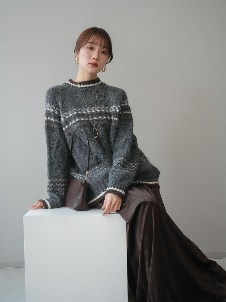 [予約]裾配色ノルディック柄ニットプルオーバー/gray