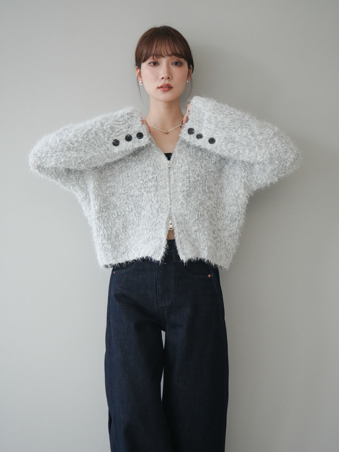 [予約]ミックスシャギージップニットカーディガン/ivory