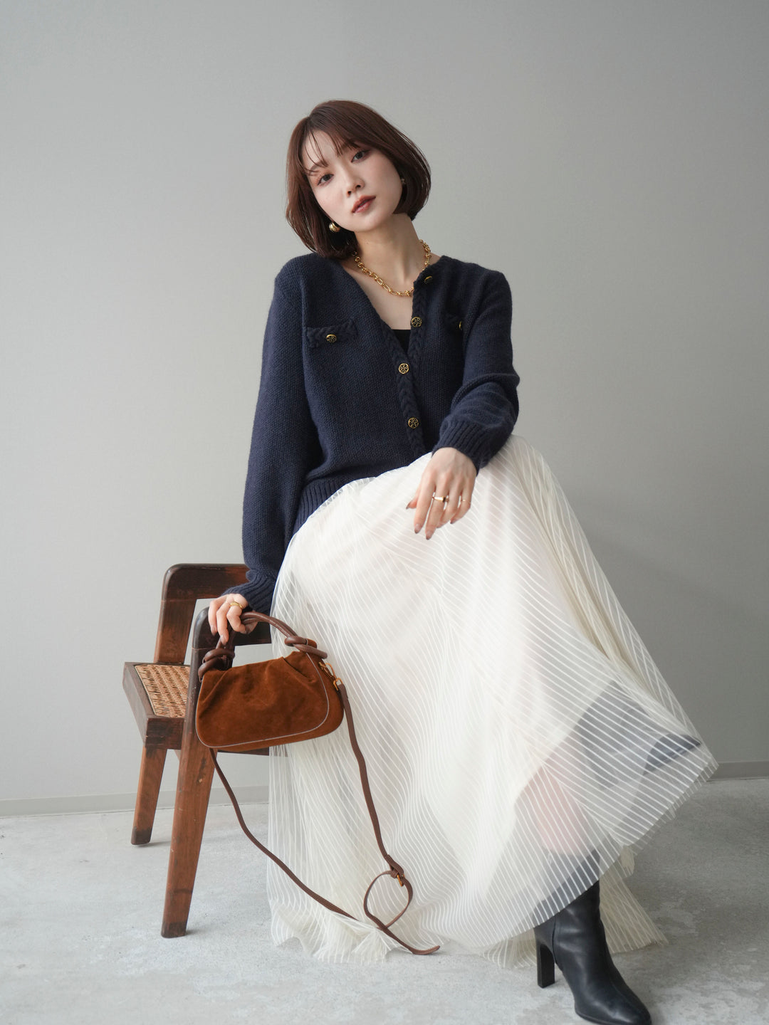 [SET]編みこみアンティークボタンニットカーディガン+チュールストライプボリュームスカート(2set)