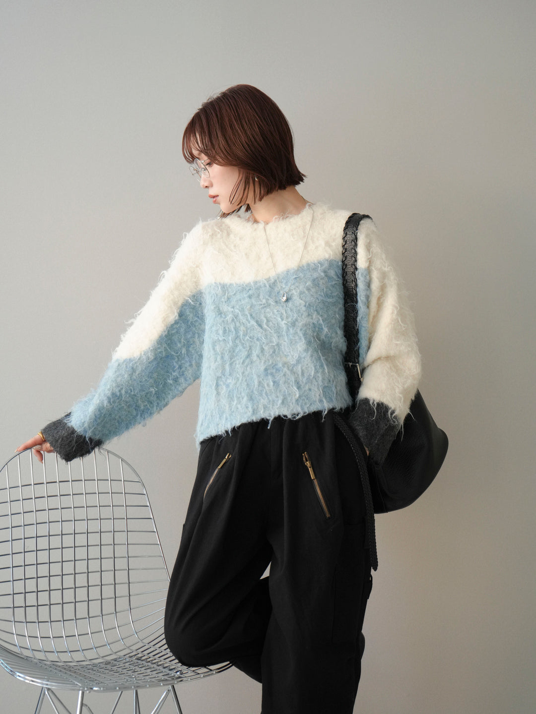 [SET]バイカラーモヘアタッチニットプルオーバー+コットンタックループパンツ(2set)