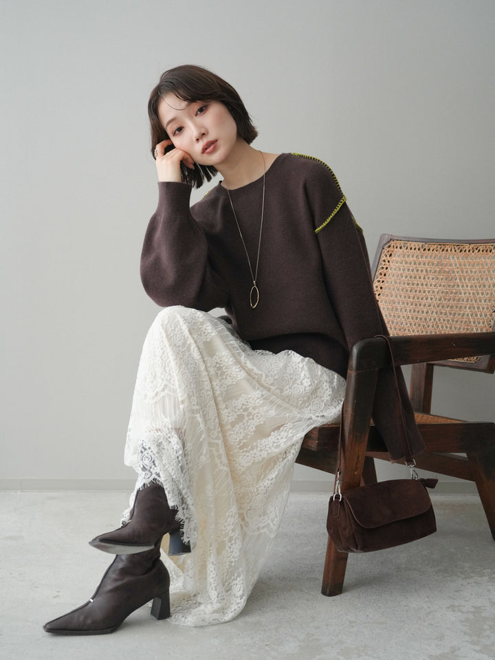 [SET]バックロゴ刺繍配色ステッチニットプルオーバー+選べるアクセセット(2set)