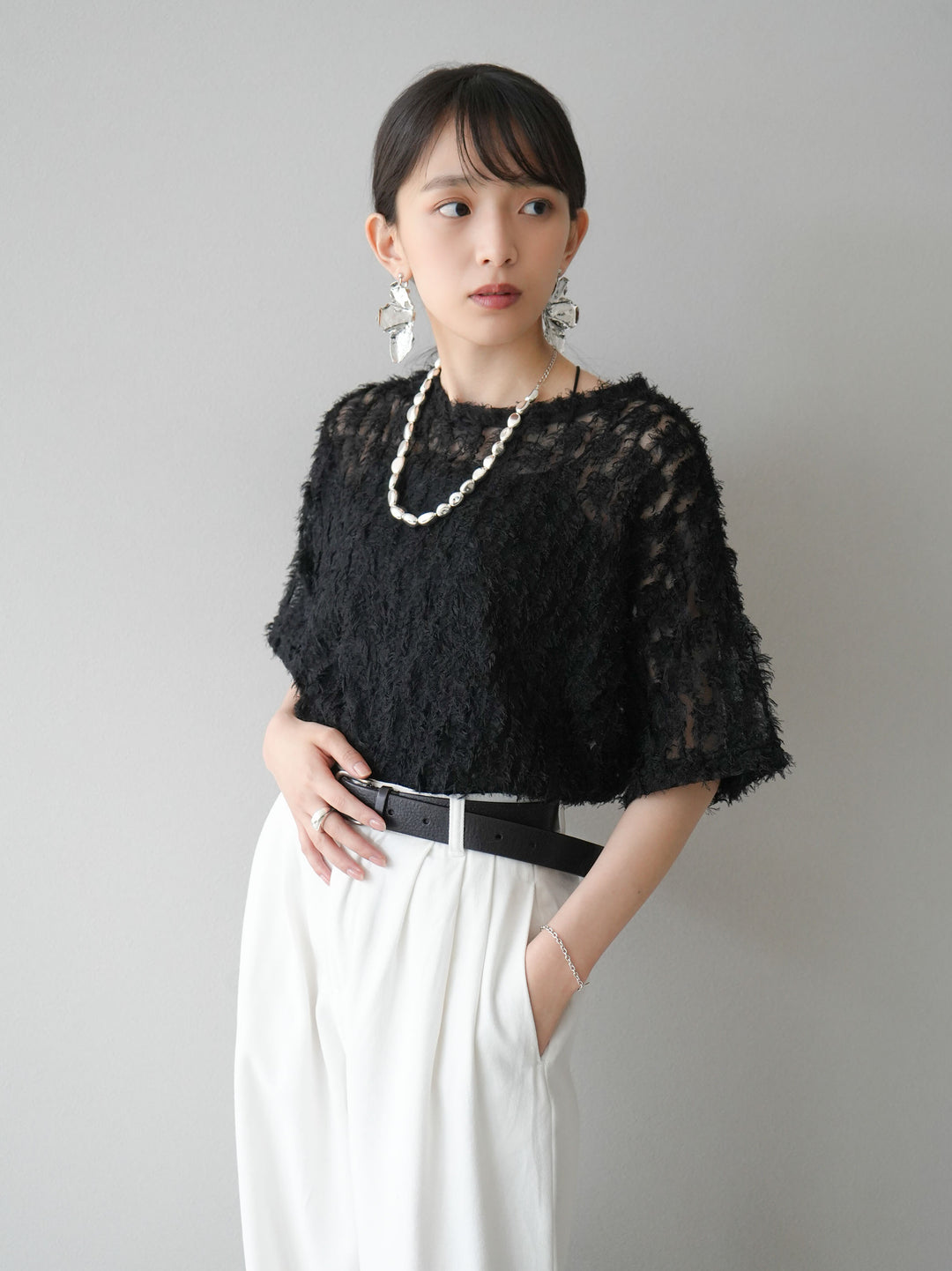 [Pre-order] Fringe Tulle 5/4 Sleeve Over Top/Black