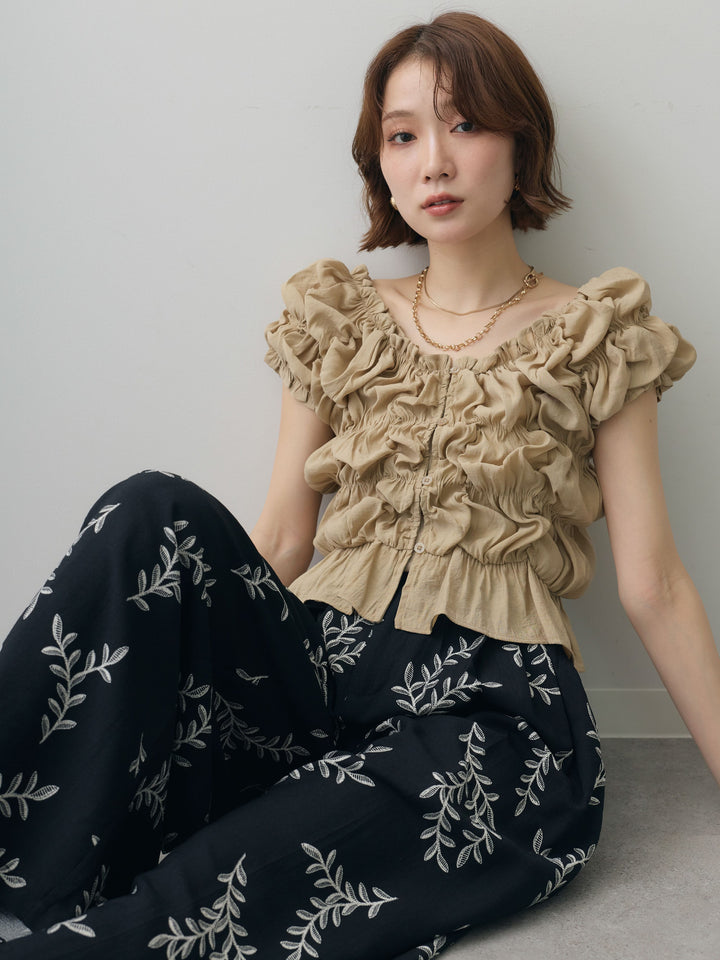 [予約]半袖シャーリングフリルブラウス/beige
