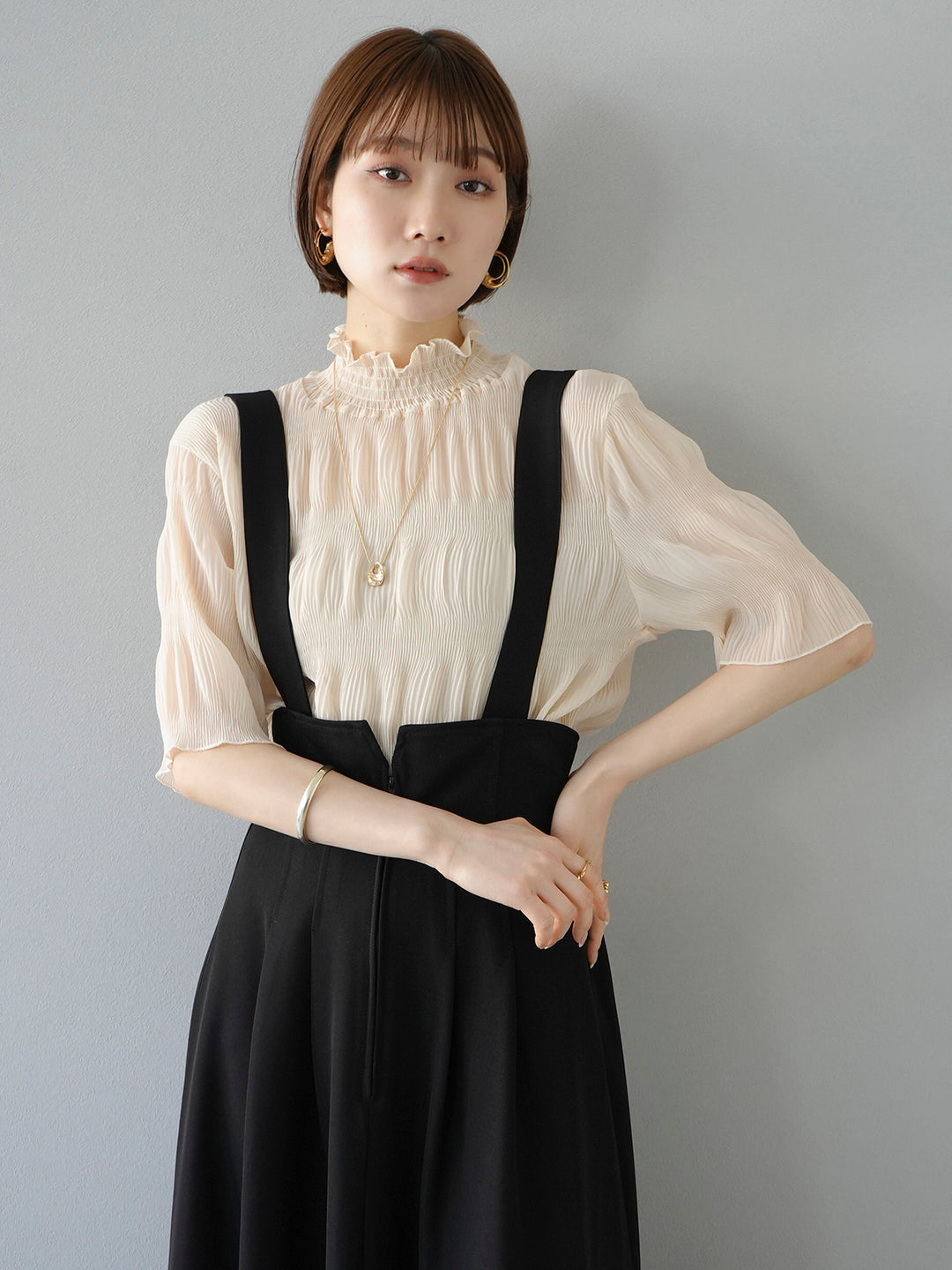 [SET] Shirring chiffon half sleeve blouse + 2WAY flare jumper skirt (2set)