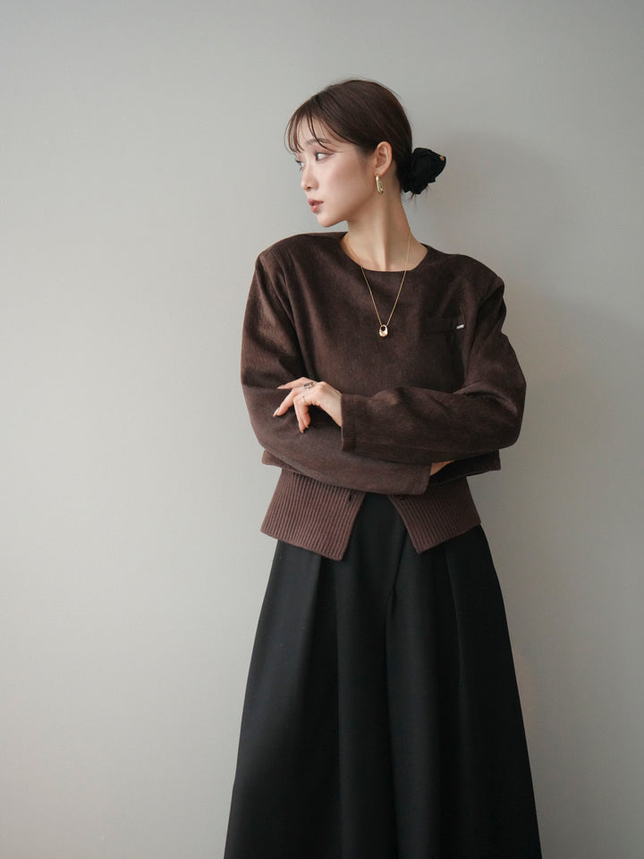 [予約]リブニットレイヤードスエードプルオーバー/brown