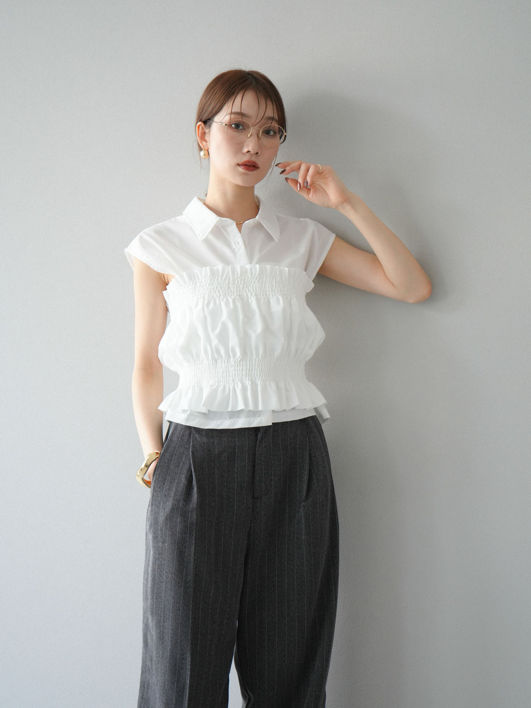 [予約]サイドラインストライプワイドパンツ/チャコール