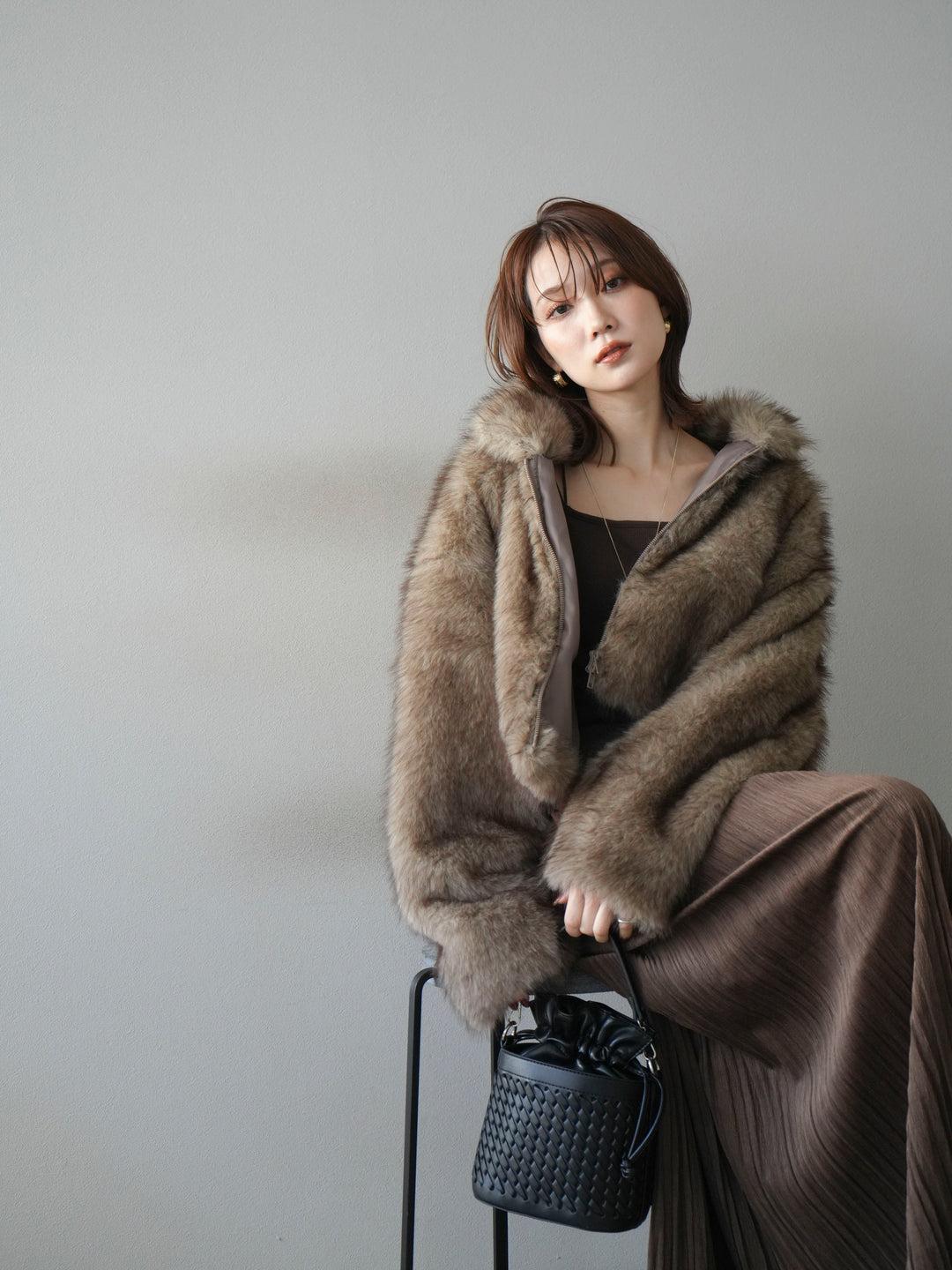 [予約]フェイクファーショートZIPジャケット/brownmix