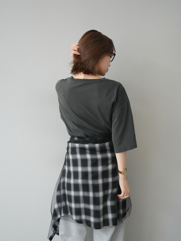 [SET]ピグメントロゴプリントTシャツ+2WAYデザインスウェットパンツ+チュールドッキングチェック柄オーバーサイズシャツ(3set)