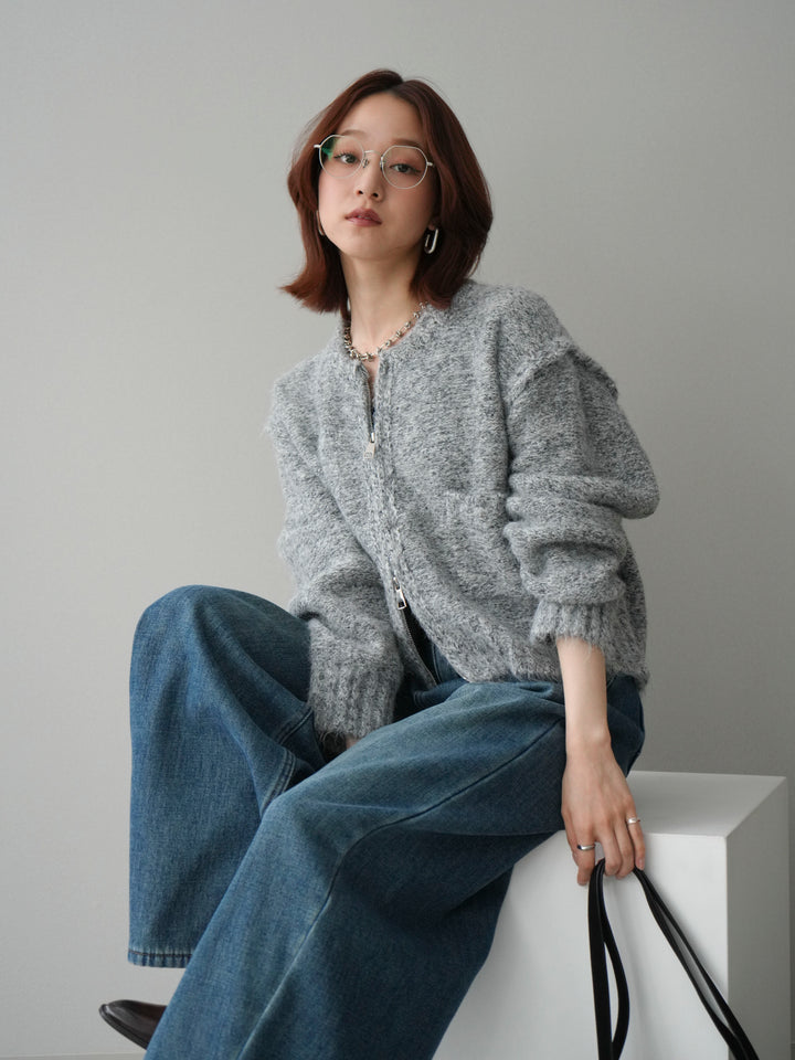 [SET]ミックスヤーンダブルZIPニットカーディガン+ベルト付裏起毛カーブデニムパンツ(2set)