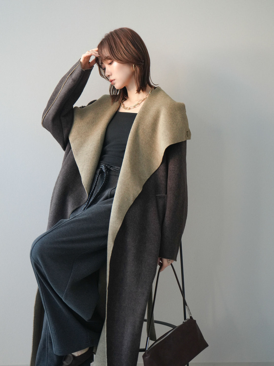 [予約]ダブルフェイスバイカラーロングコート/khaki