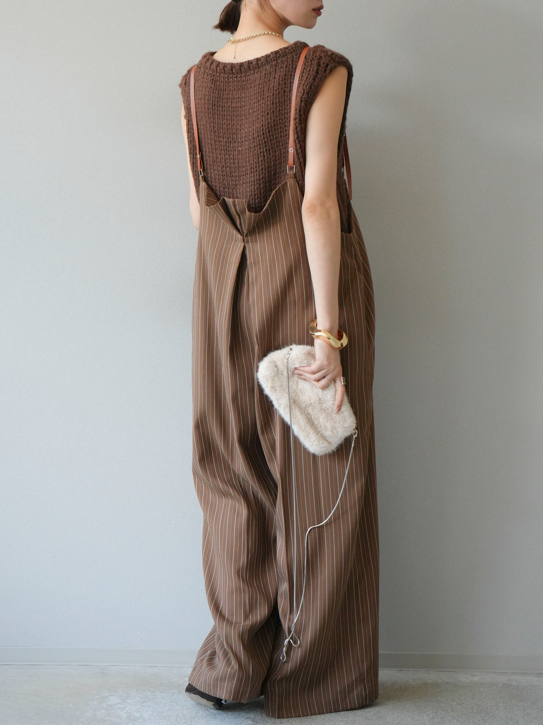 [予約]ヘリンボーンストライプサロペット/ブラウン