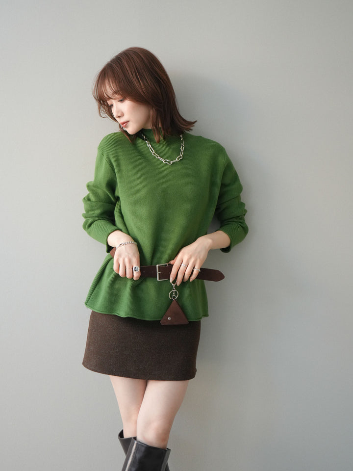 [予約]ボトルネック裾カールリブニットトップス/green