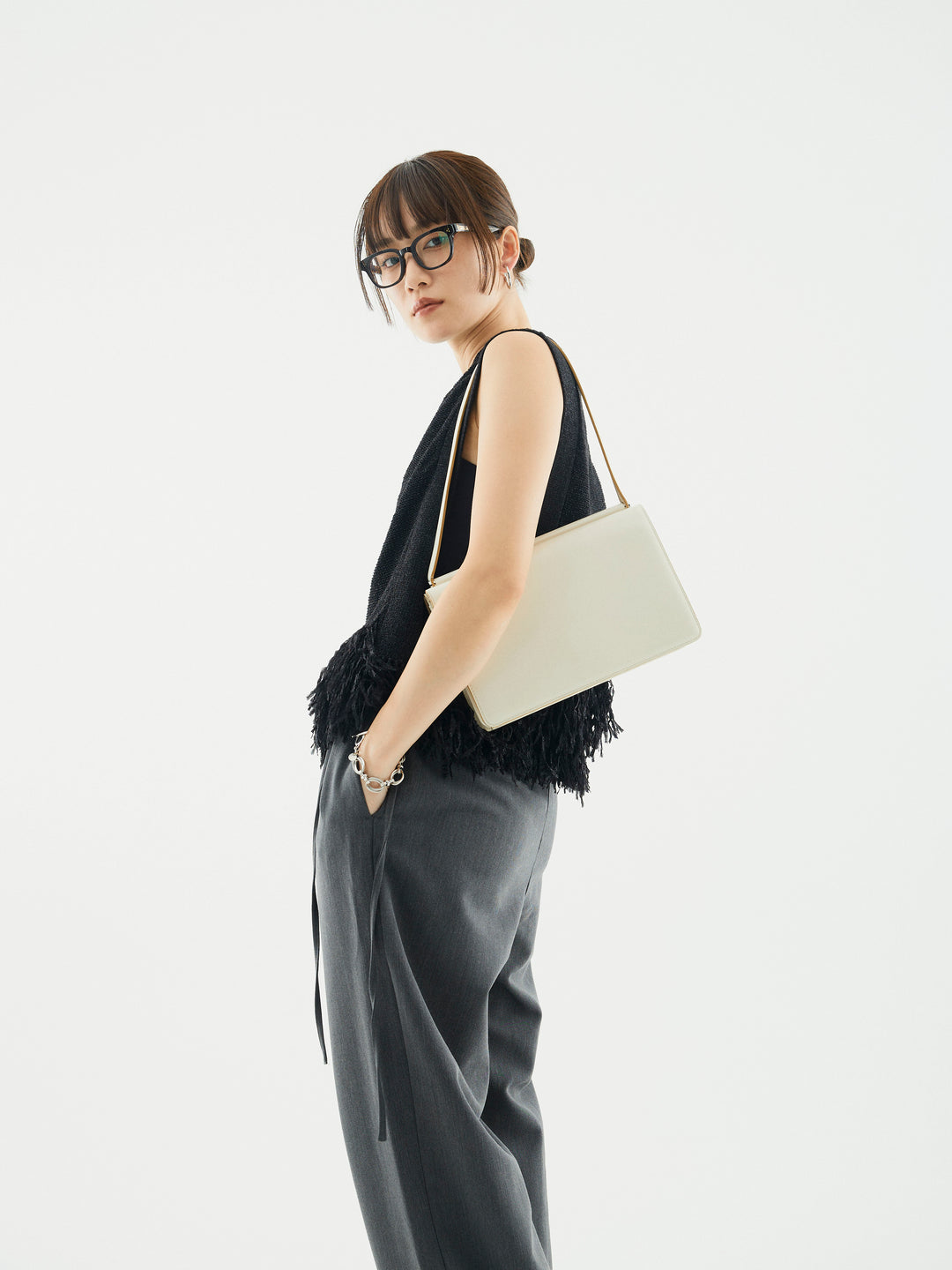 【Allure】[SET]フェザーヤーンニットベスト+ラップデザインタックワイドパンツ(2set)