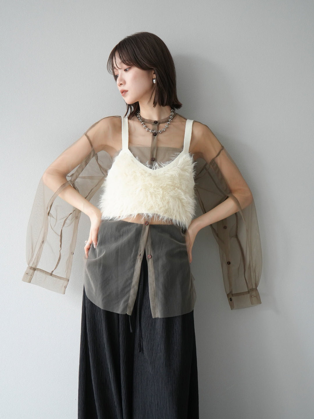 [予約]2WAYスリーブチュールシャツ/グレージュ