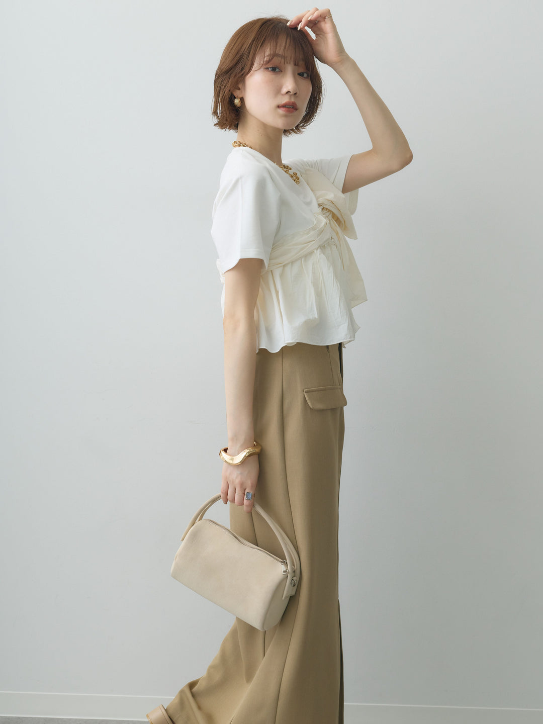 [SET]ナイロンドッキングツイストTEE +クレープデシンフラップ付きストレートスカート(2set)