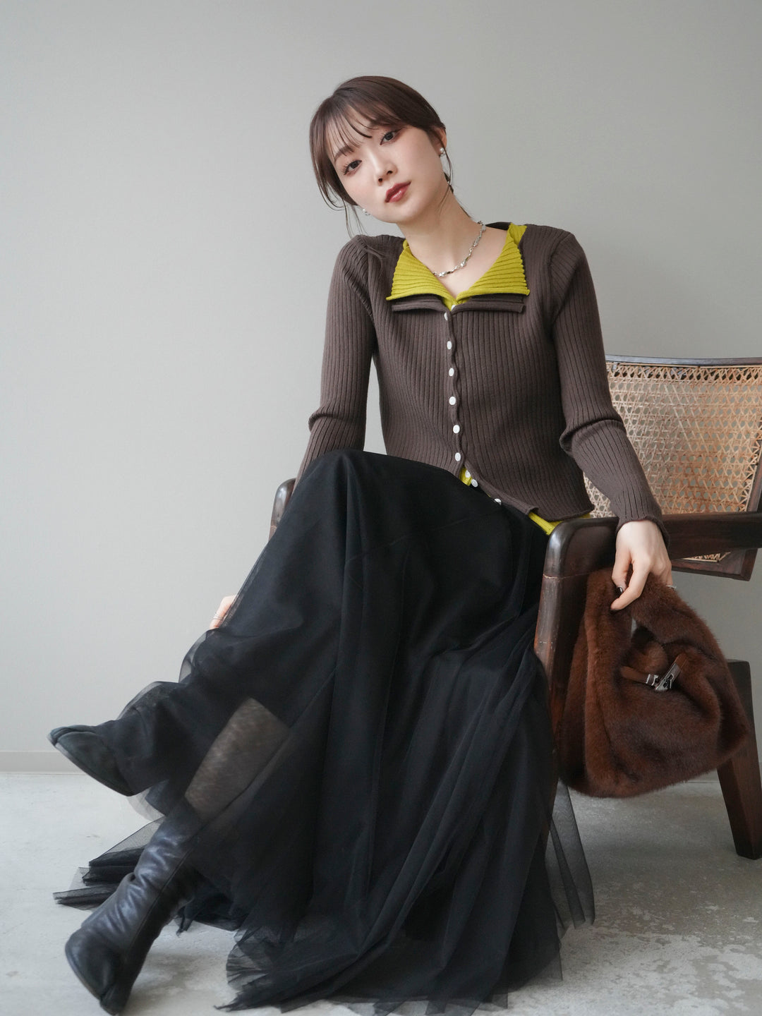 [予約]配色レイヤードリブニットカーディガン/brown