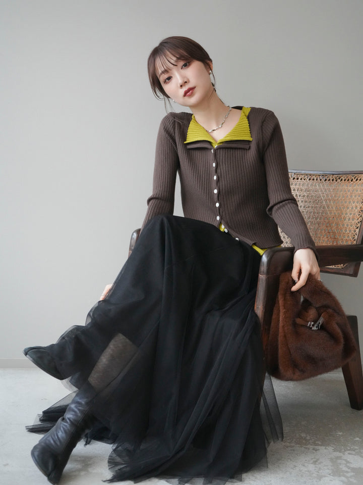 [予約]配色レイヤードリブニットカーディガン/brown