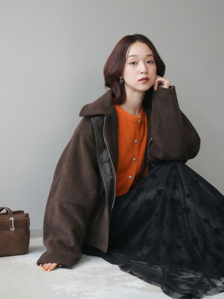 [SET]ウールライクフライトジャケット+アンティークボタンニットカーディガン+フラワーフロッキーチュールプリーツスカート(3set)