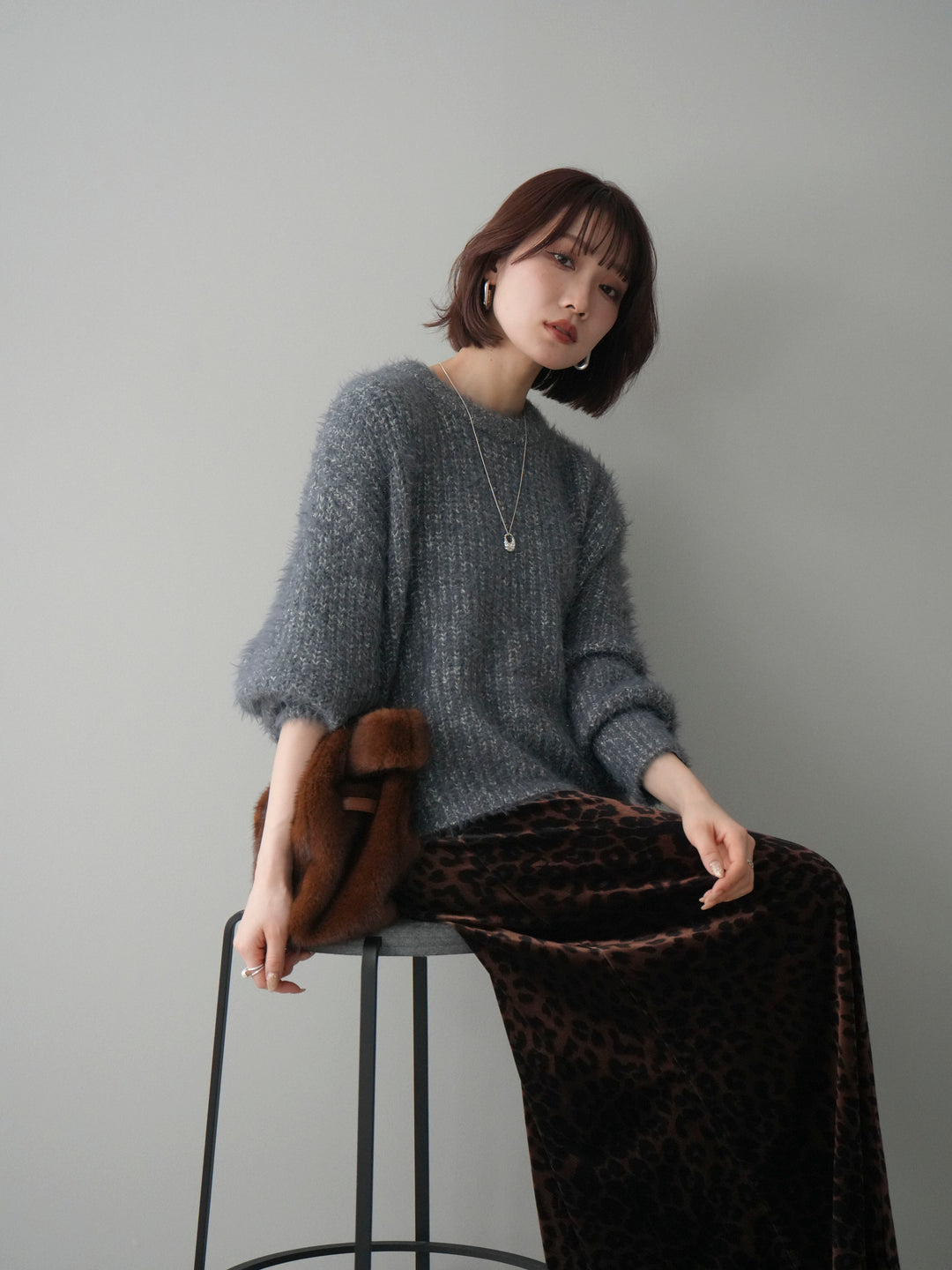 [SET]ボリュームスリーブシャギー MIXニットプルオーバー+レオパードベロアナロースカート(2set)